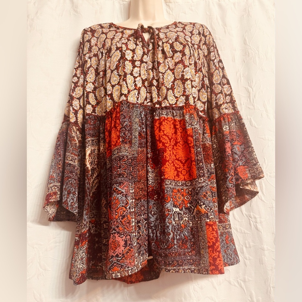 Olive Hill Anthropologie Bohemian Patchwork Colorful Wings 3/4 Sleeves Blouse XL - Picture 2 of 6